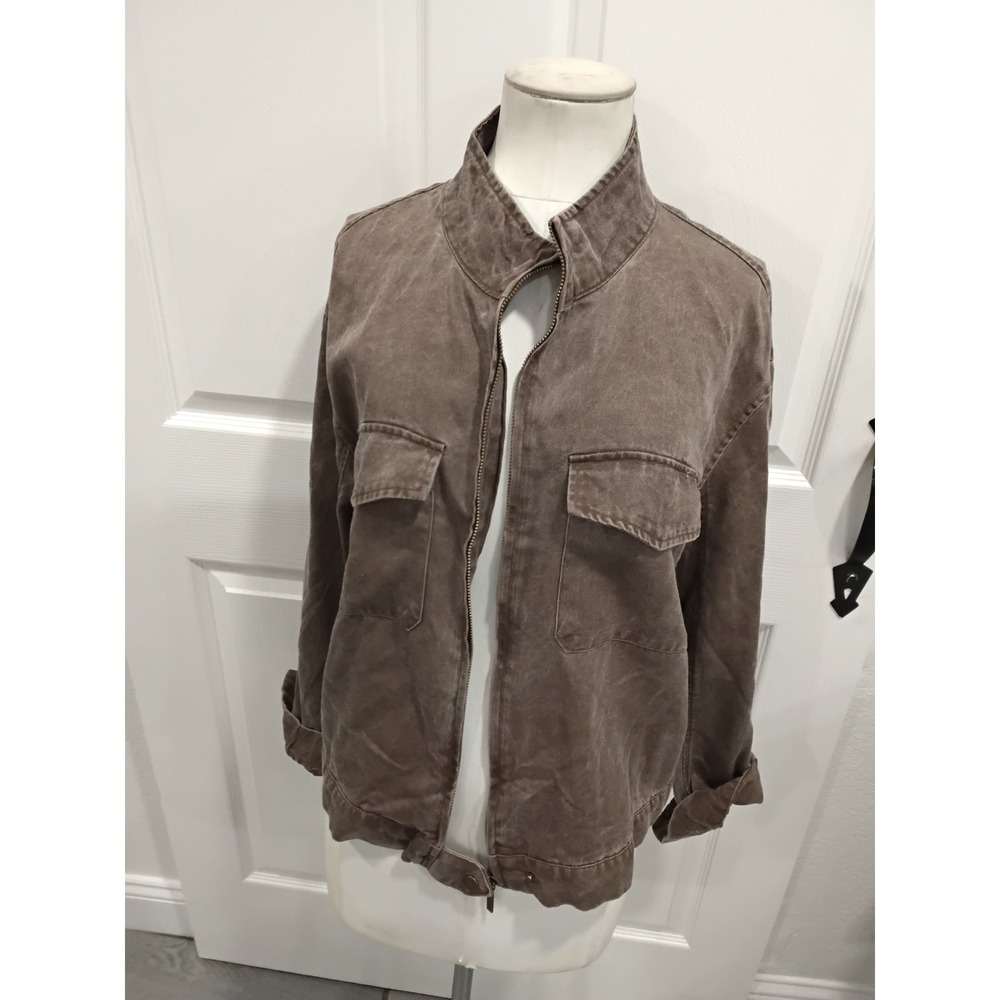 Jane + Delancey Washed Brown Utility Jacket Women's Size XL Zip Front Pockets‎